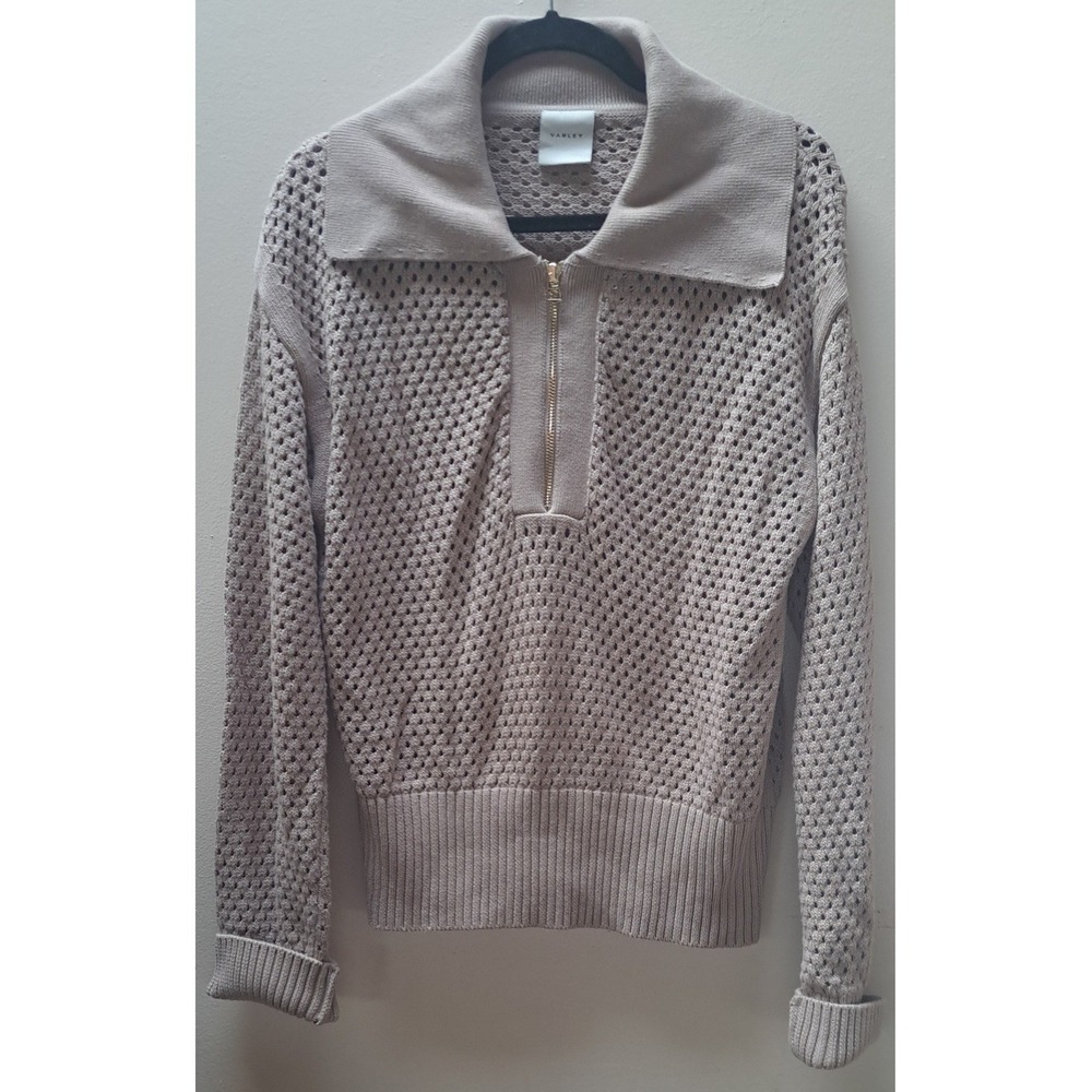 Varley Lily Knit Polo Taupe Beige Cotton Pointelle Quarter Zip Sweater Large